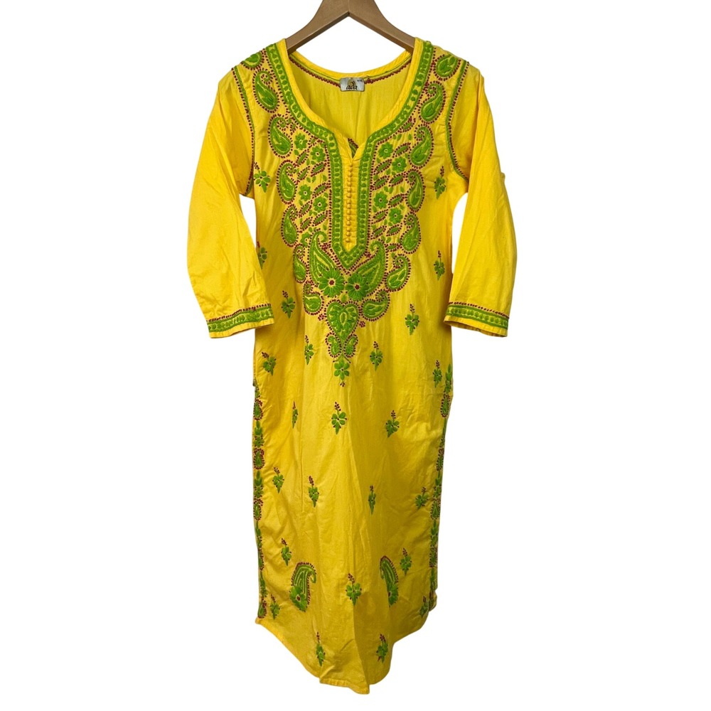 Ada Yellow Embroidered‎ Kurti Tunic Dress M 40 Paisley Print Boho Indi Resort